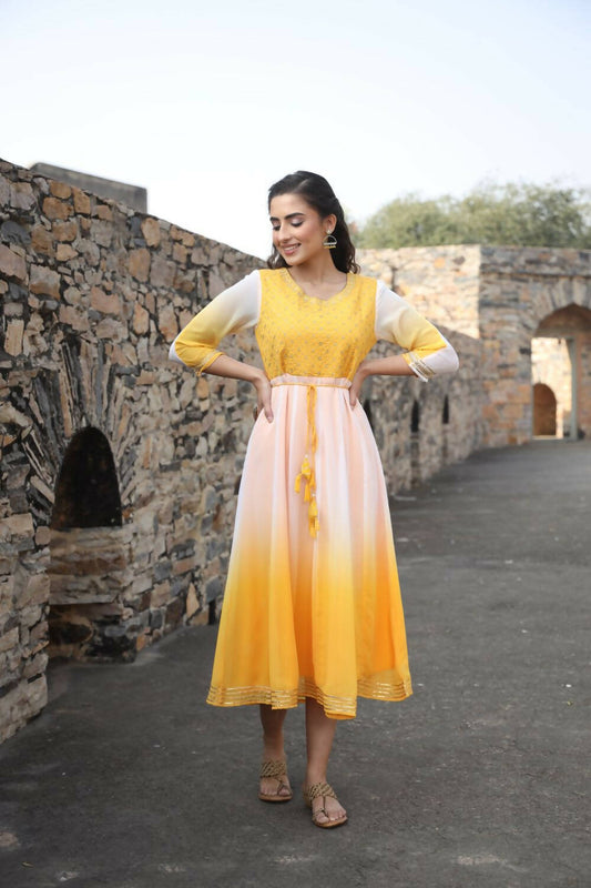 Juniper Women Yellow Georgette Embroidered Maxi Dress