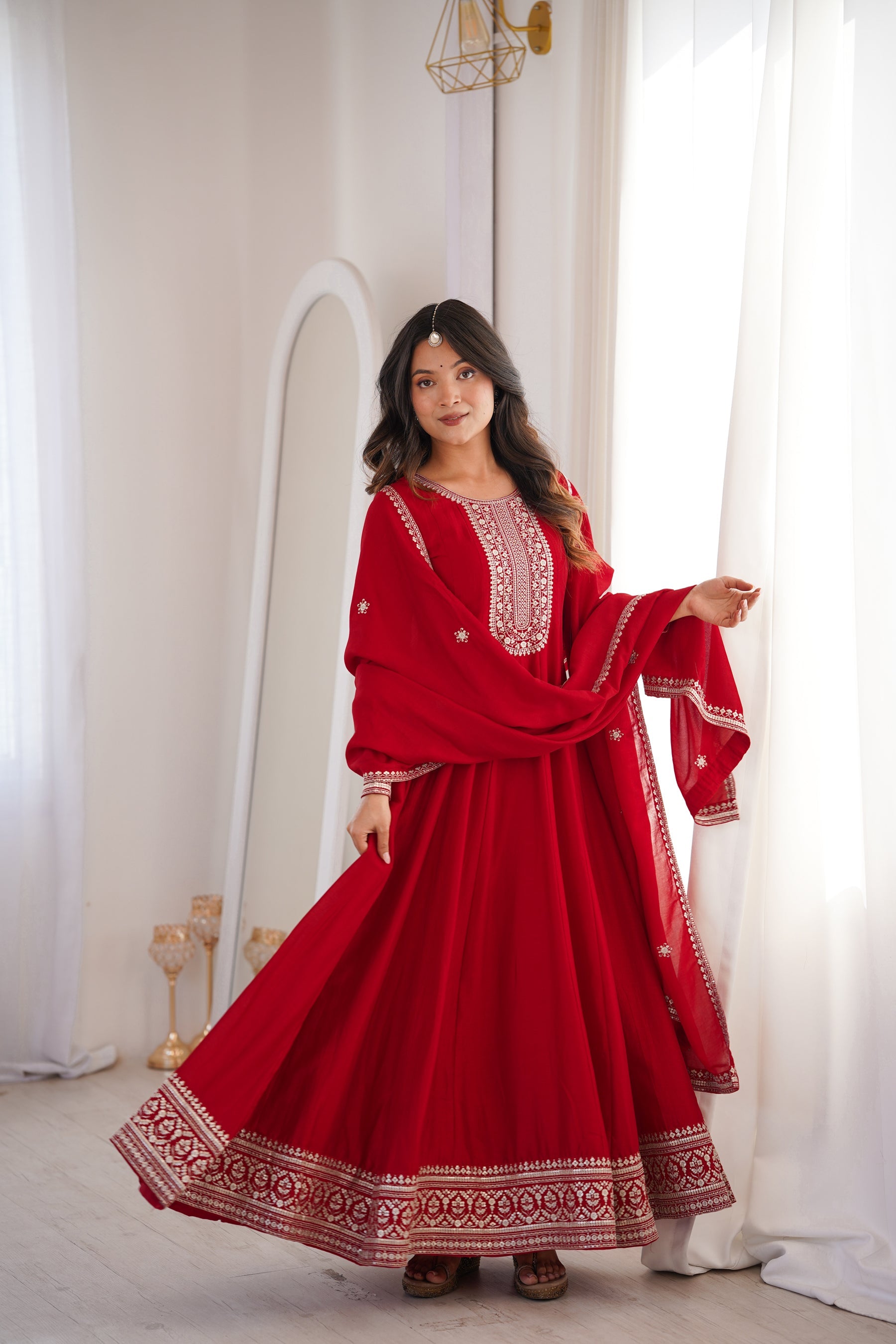 Lorenvalley Fashion Red Vichitra Silk with Full Kali Pattern Embroidery work Anarkali Gown with Dupatta