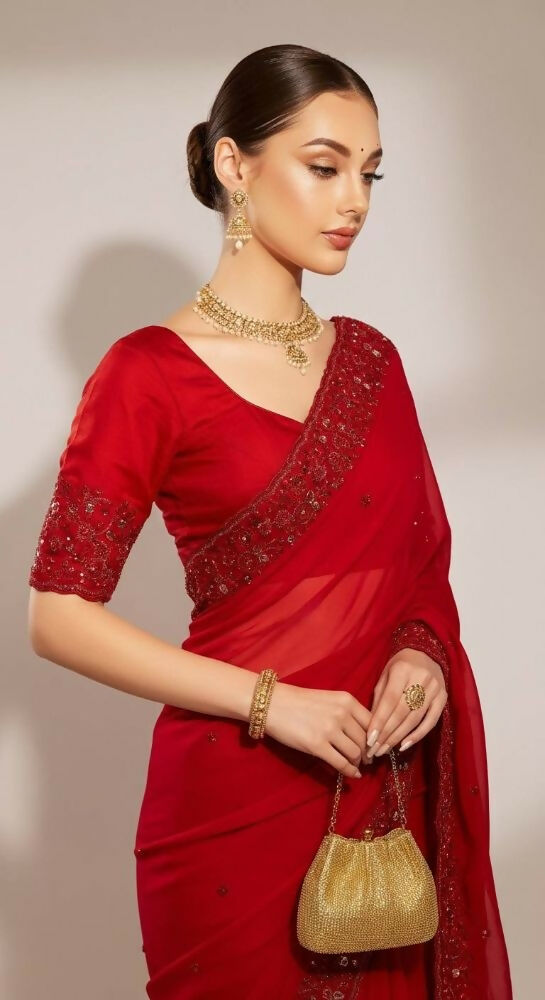 Joban Fashion Red Fandy Satin Silk Party Wear Sarees