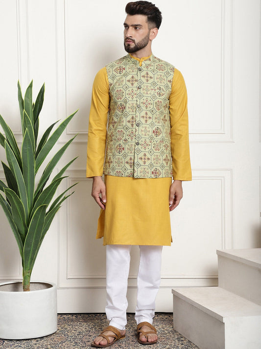 Sojanya Men Mustard Yellow Pure Cotton Kurta with Churidar & Nehru Jacket 