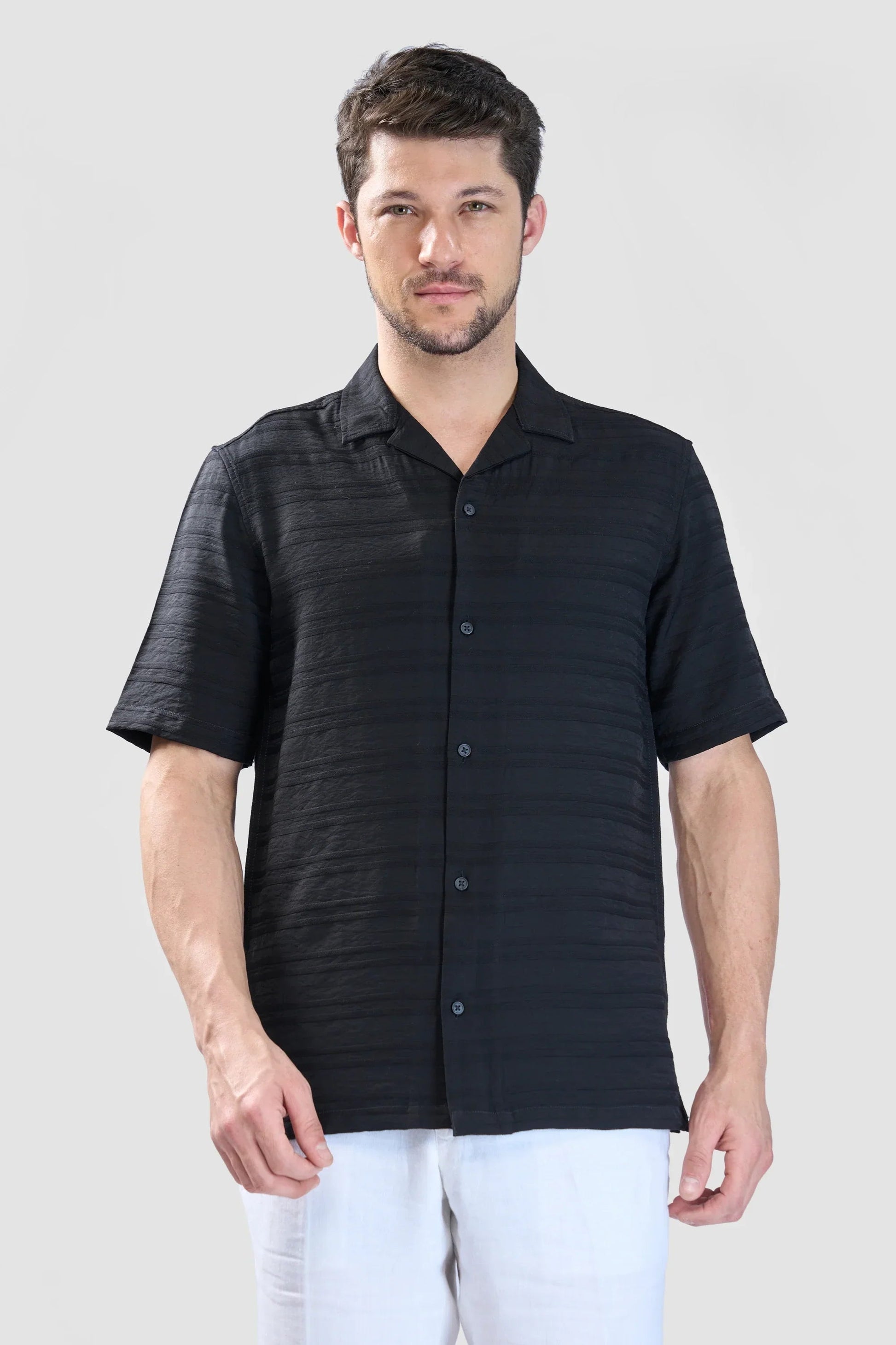 Xkind Black Horizontal Pleated Stripes Relaxed Fit Shirt  Grab2Buy Xkind Grab2Buy