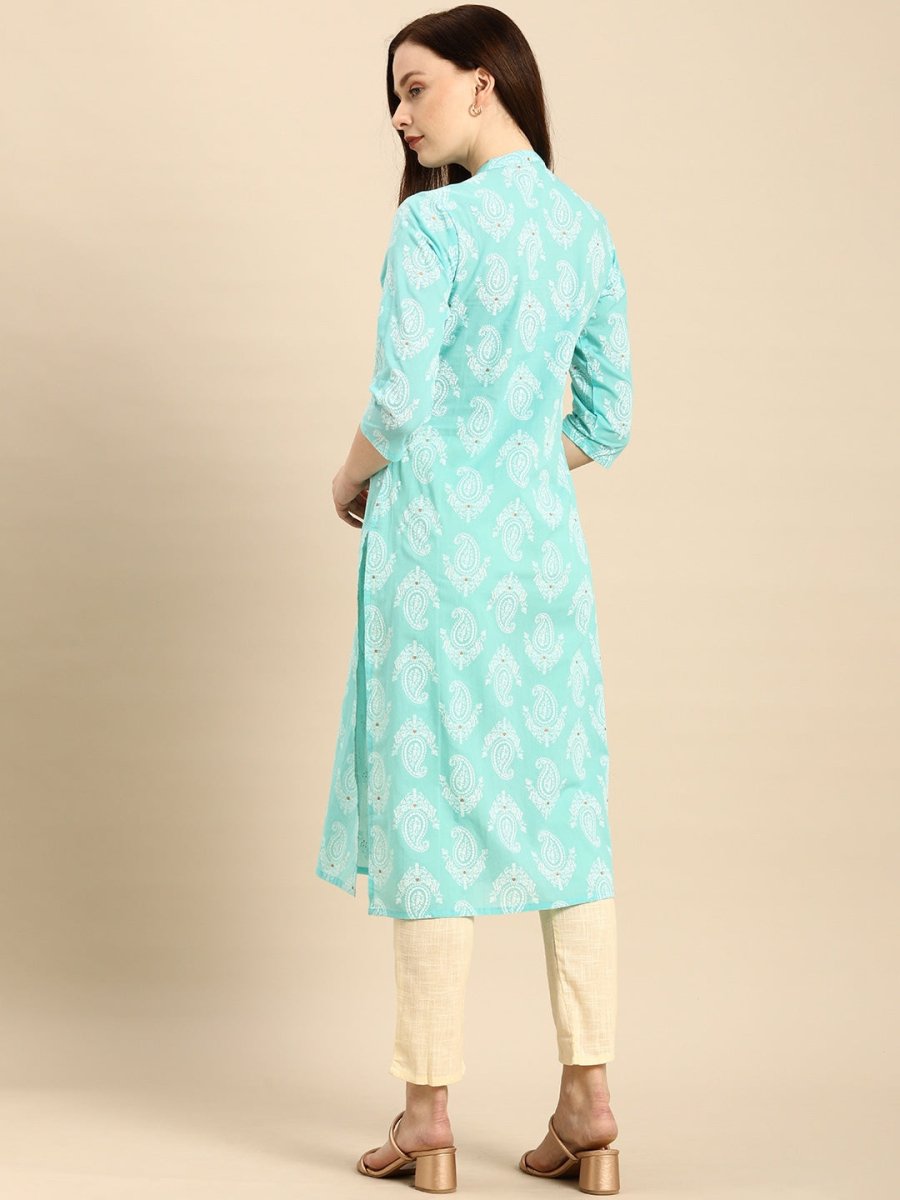 All About You Women Turquoise Blue & White Printed Pure Cotton Straight Kurta
