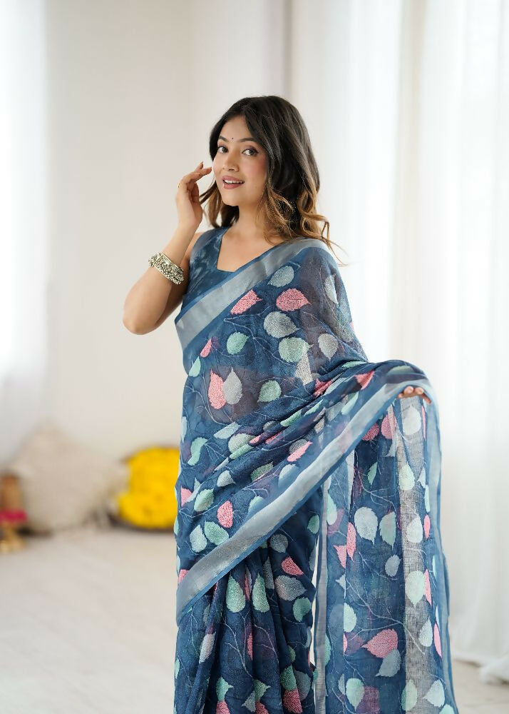 PR Fashion Dark_Blue Linen Patta Printed Saree