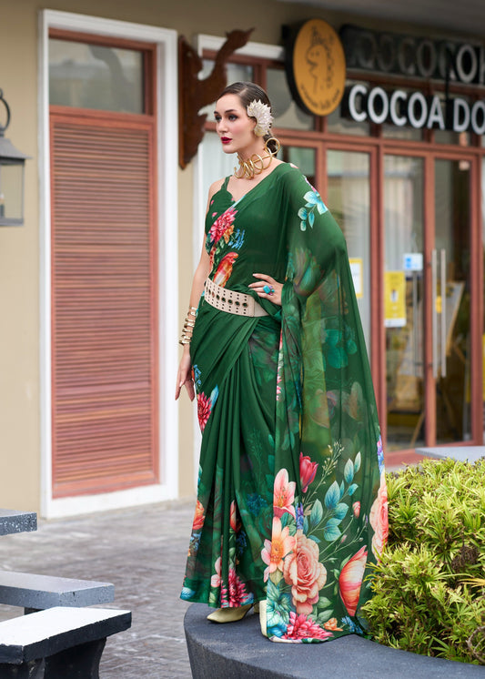 Anaita Dark Green Designer Printed Pure Georgette Saree With Blouse