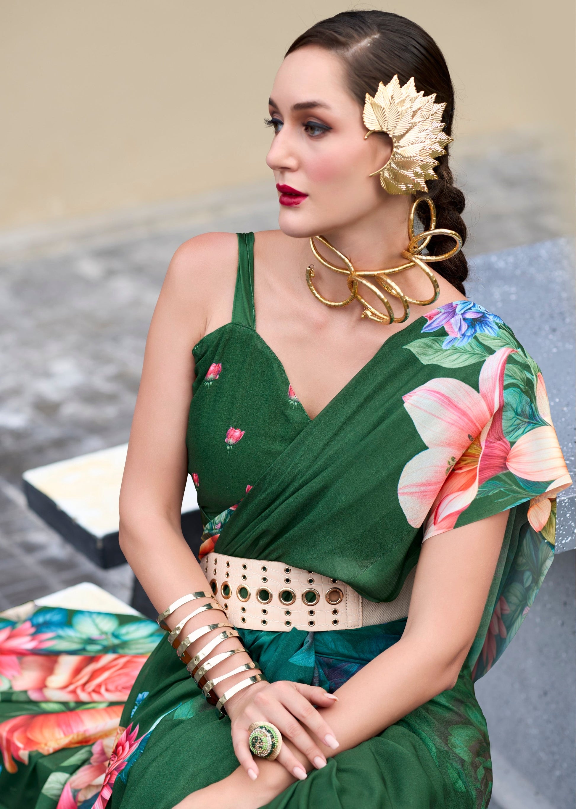 Anaita Dark Green Designer Printed Pure Georgette Saree With Blouse