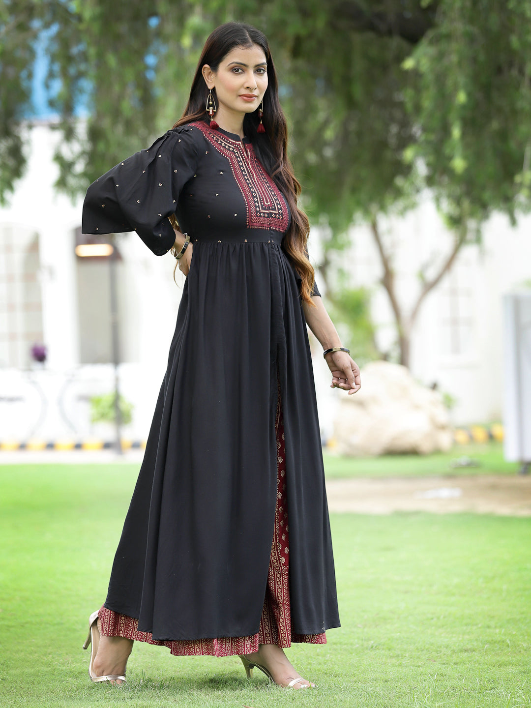 Juniper Black Thread Embroidered Rayon High Slit Kurta & Pants Set