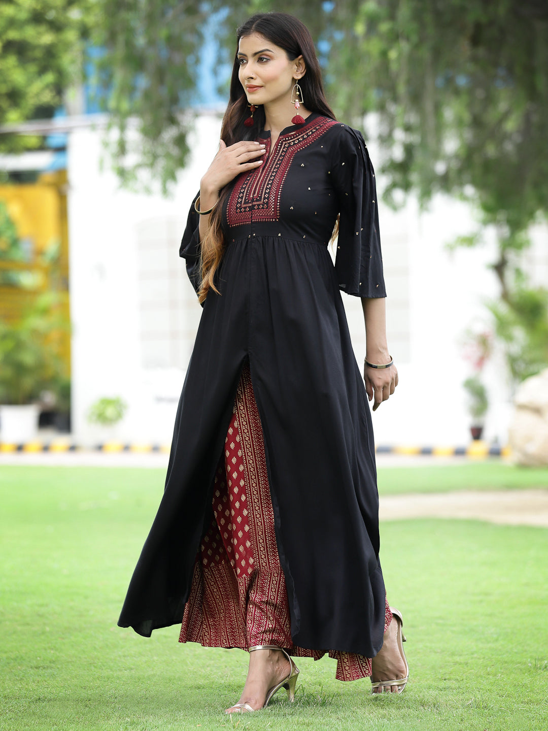 Juniper Black Thread Embroidered Rayon High Slit Kurta & Pants Set