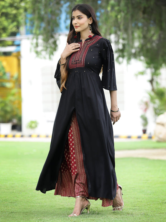 Juniper Black Thread Embroidered Rayon High Slit Kurta & Pants Set