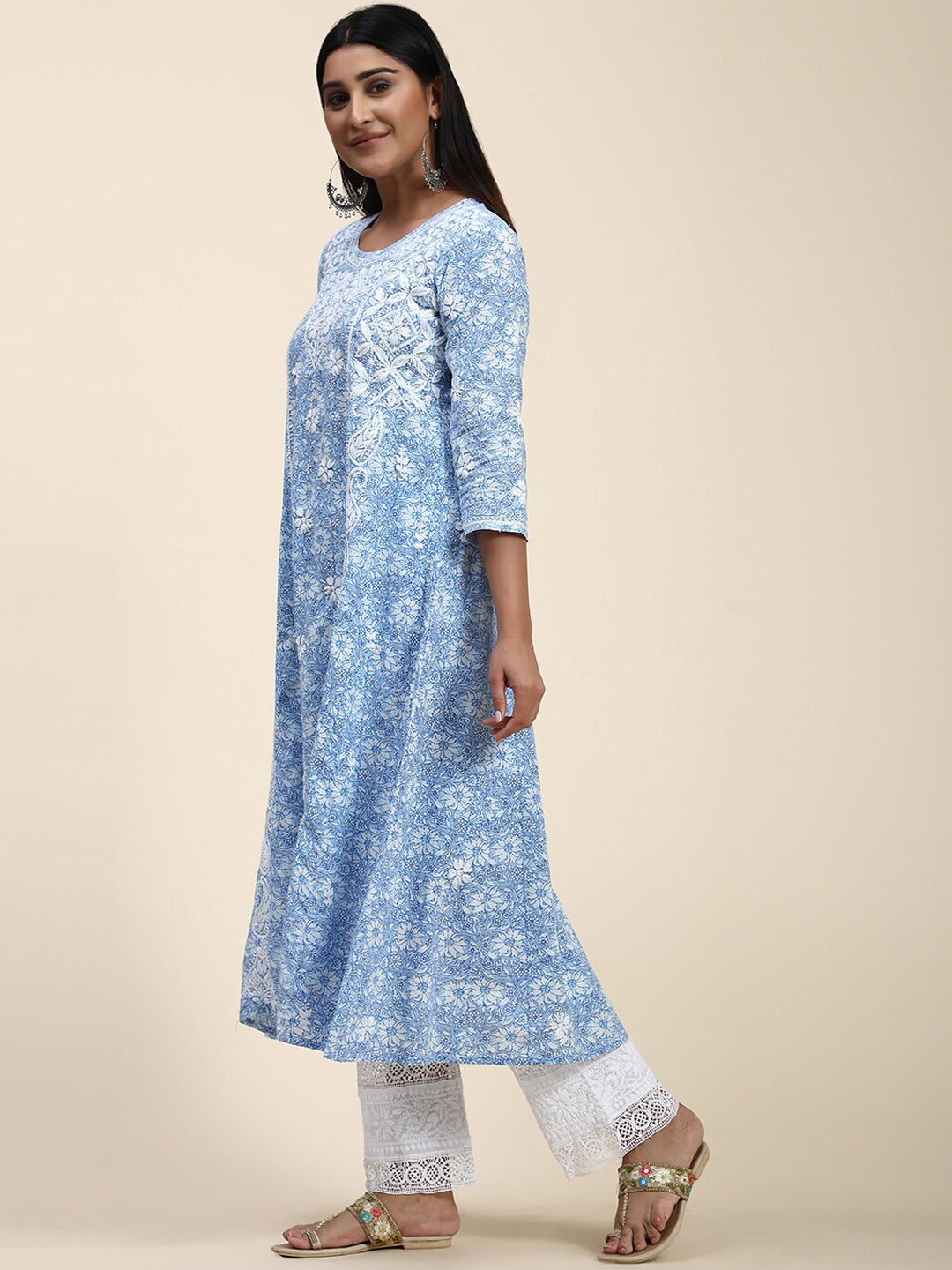 HOUSE OF KARI Floral Embroidered Chikankari Cotton Anarkali Kurta 