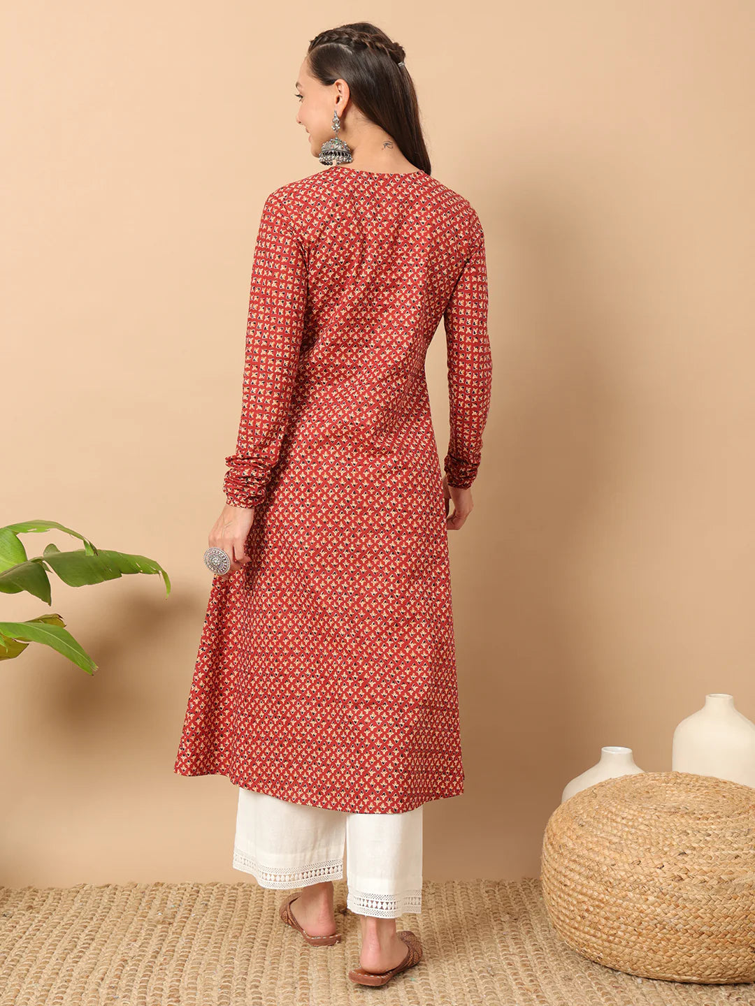 FIORRA Women's Floral Printed Red Cotton A-Line Kurta 