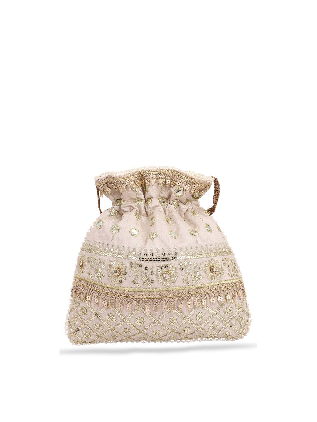 Masq Women Beige & Gold-Toned Embellished Potli - Grab2buy