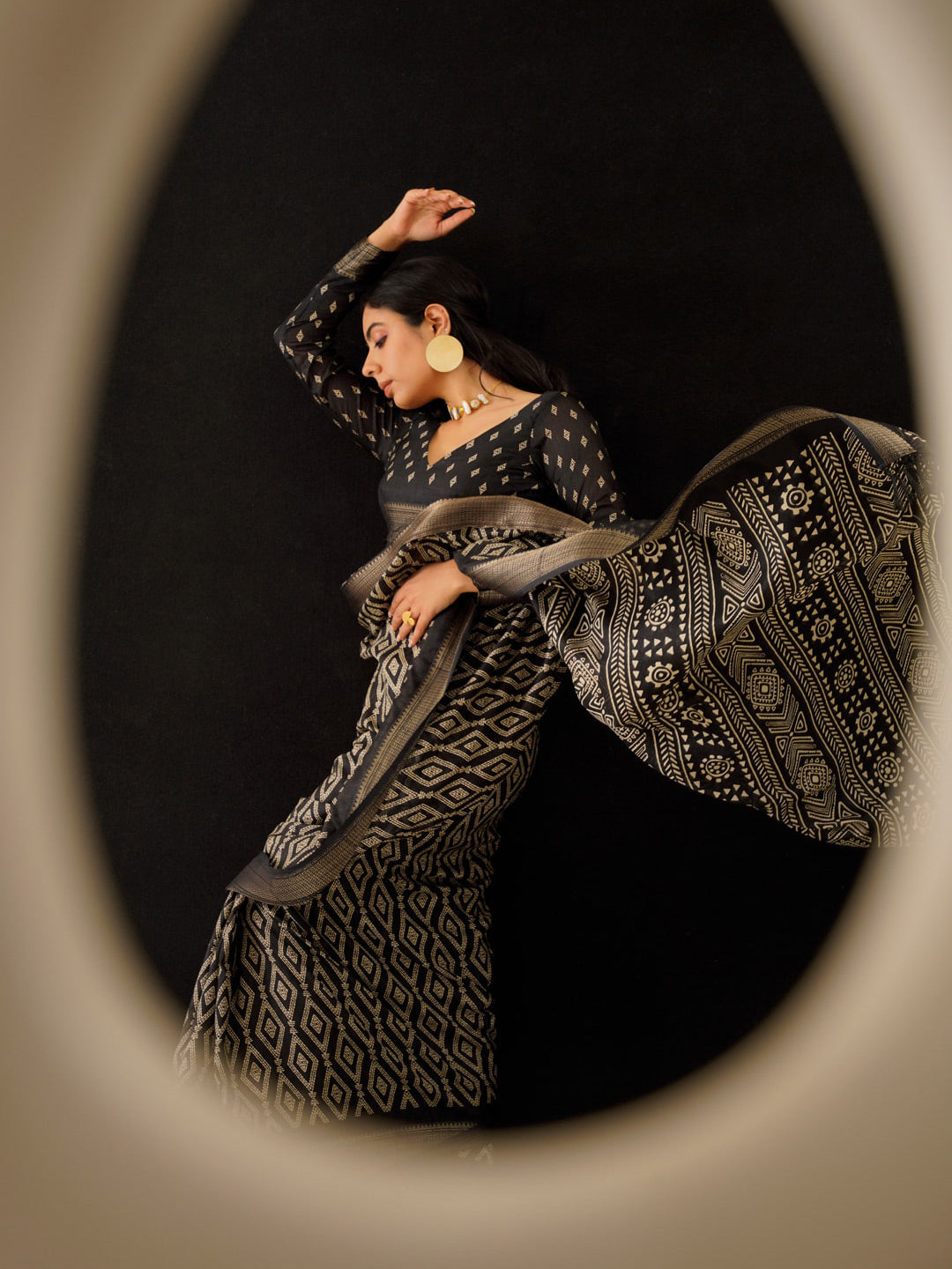 Tikhi Imli Black & Gold Geometric Printed Ready To Wear Grab2Buy 