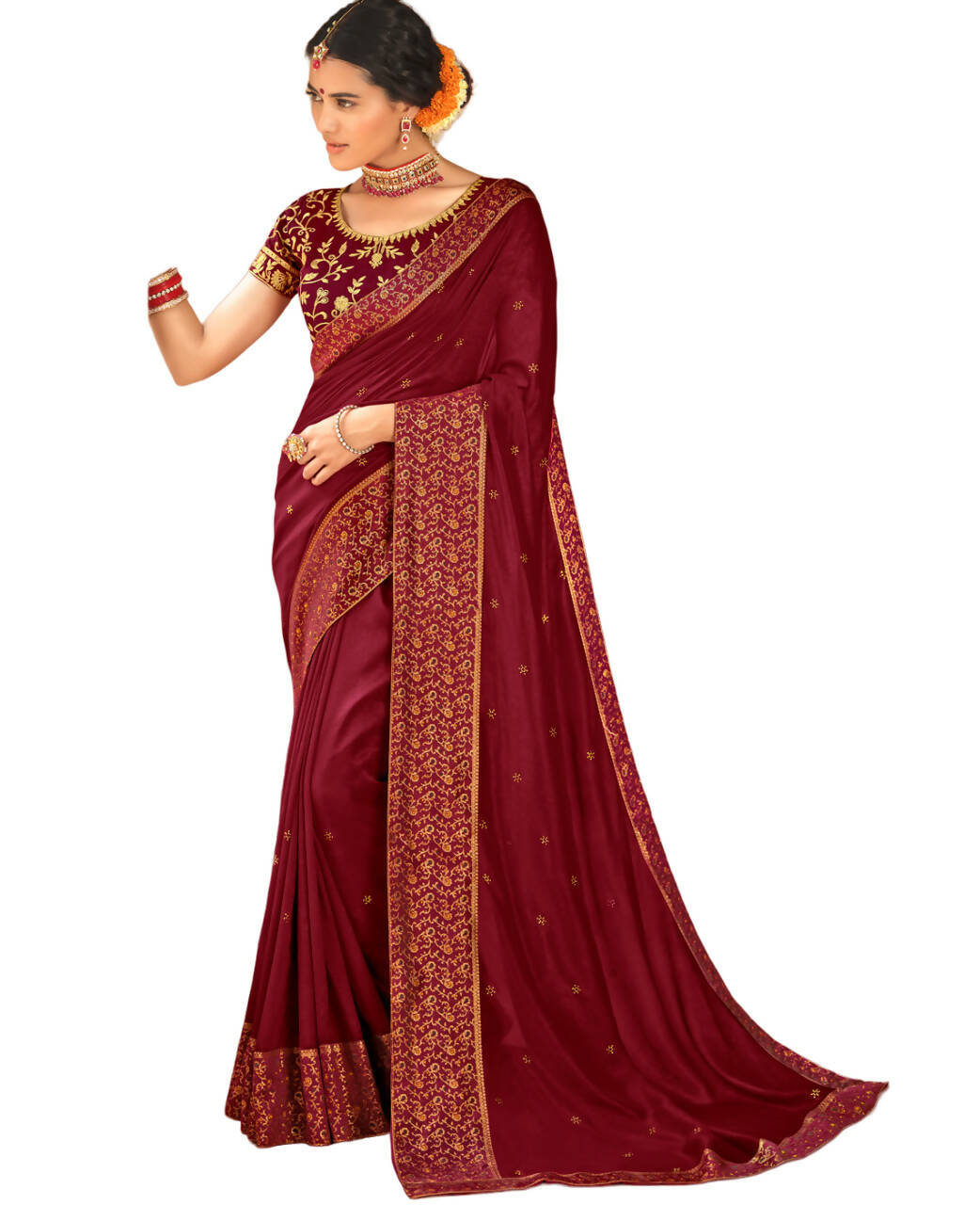 Maroon Vichitra Stone Work Saree With Unstitched Blouse Piece - Rosy