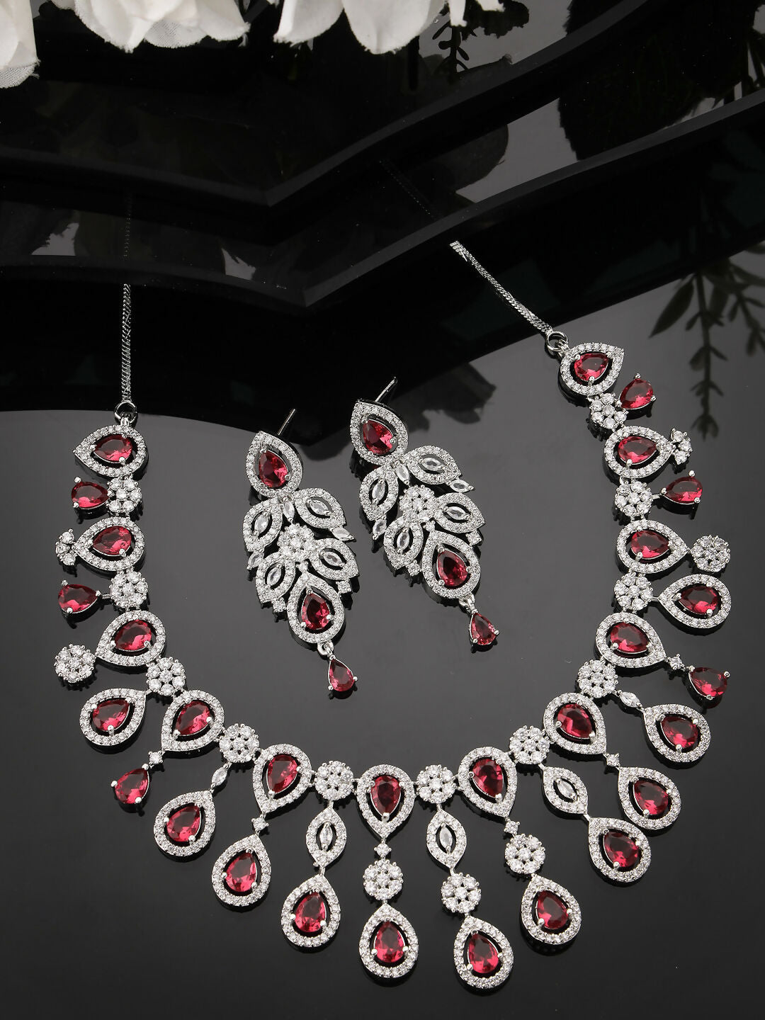 NVR Women's silver plated Maroon CZ stone handcrafted jewellery set - Grab2buy