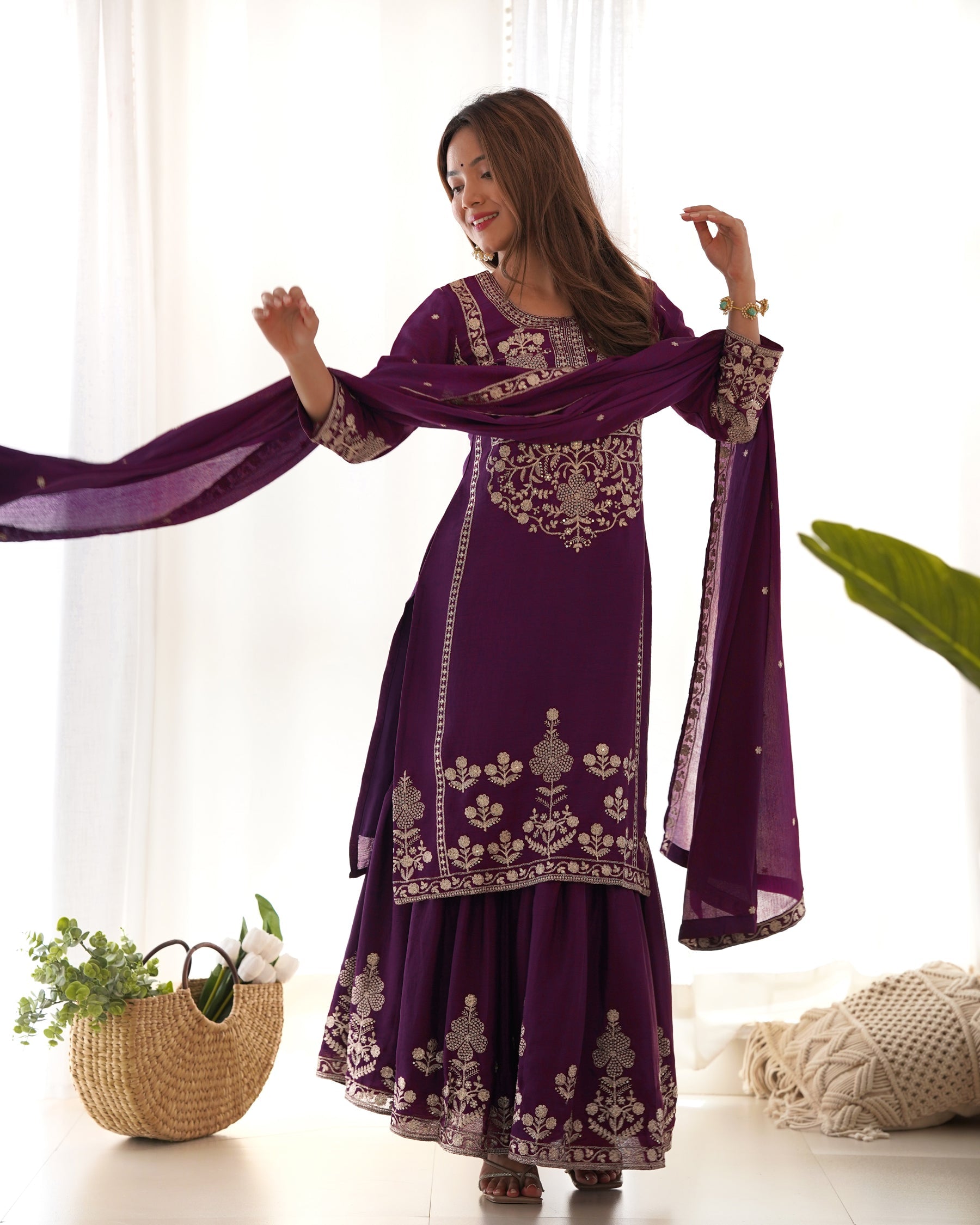 Lorenvalley Fashion Wine Chinnon Silk with Embroidery Sequence and Jari Work Kurta Sharara with Dupatta