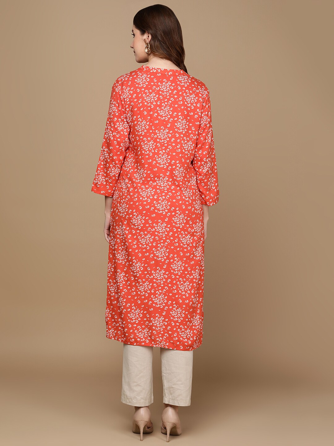 HERE&NOW Rust Orange & White Floral Printed Straight Kurta