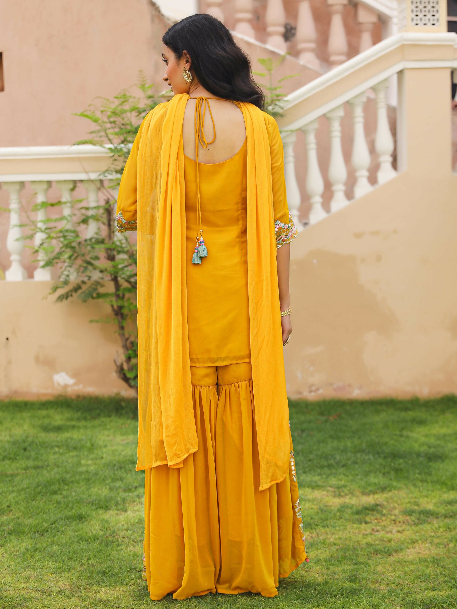 Juniper Women's Mustard Thread Embroidered Georgette Kurta Sharara And Dupatta Set With Sequins & Mirror Work