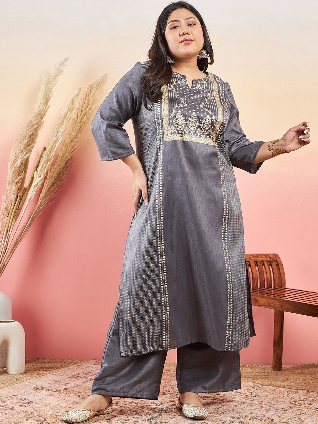 Sztori Ethnic Motifs Printed Notched Neck Straight Kurta With Palazzo