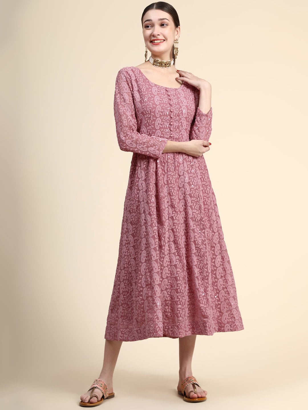 Kalini Paisley Embroidered Chikankari Georgette Anarkali Kurta With Dupatta Set 