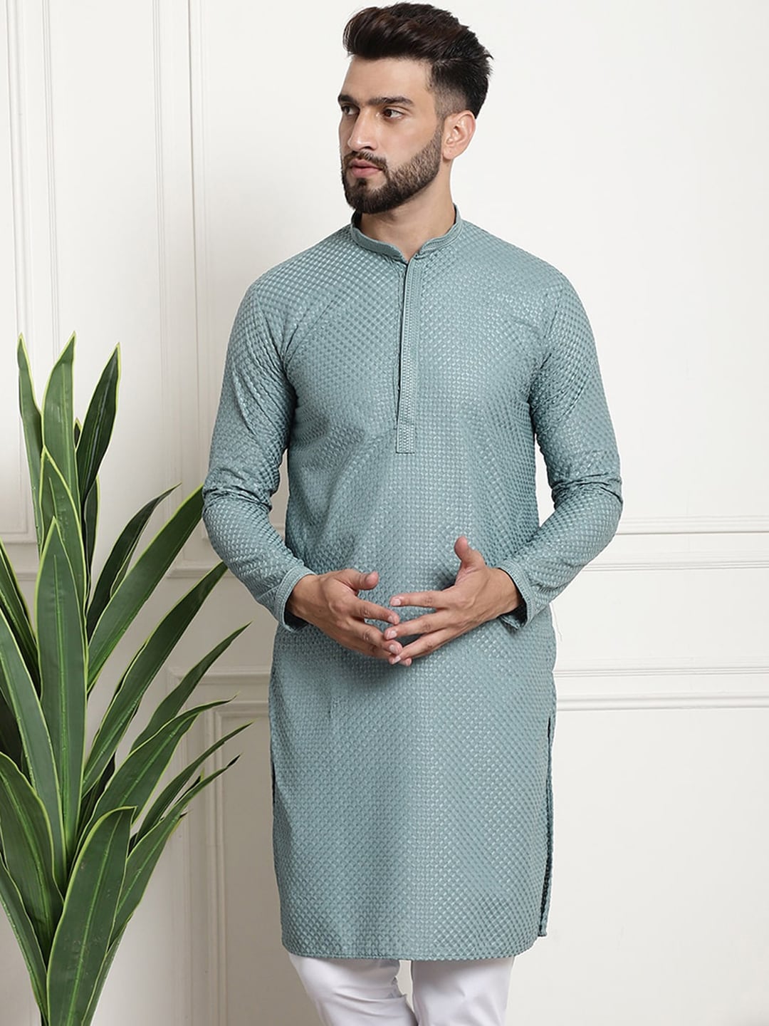 Sojanya Woven Design Mandarin Collar Straight Cotton Kurta 