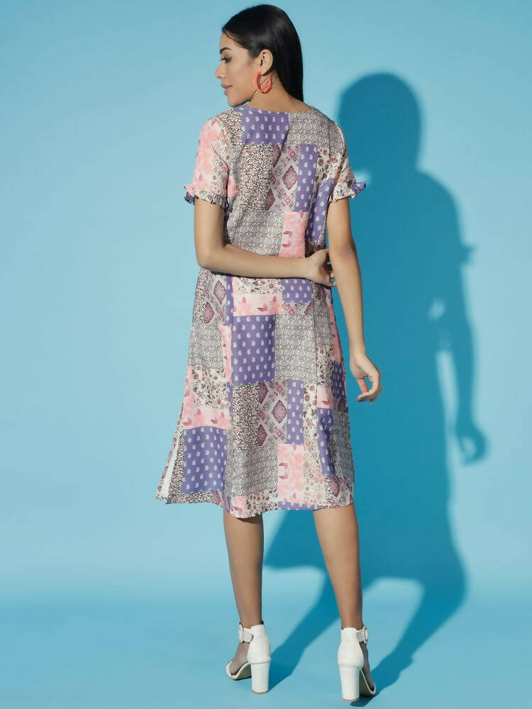 Myshka Women Multi Geometric Rayon A-Line Round Neck Dress