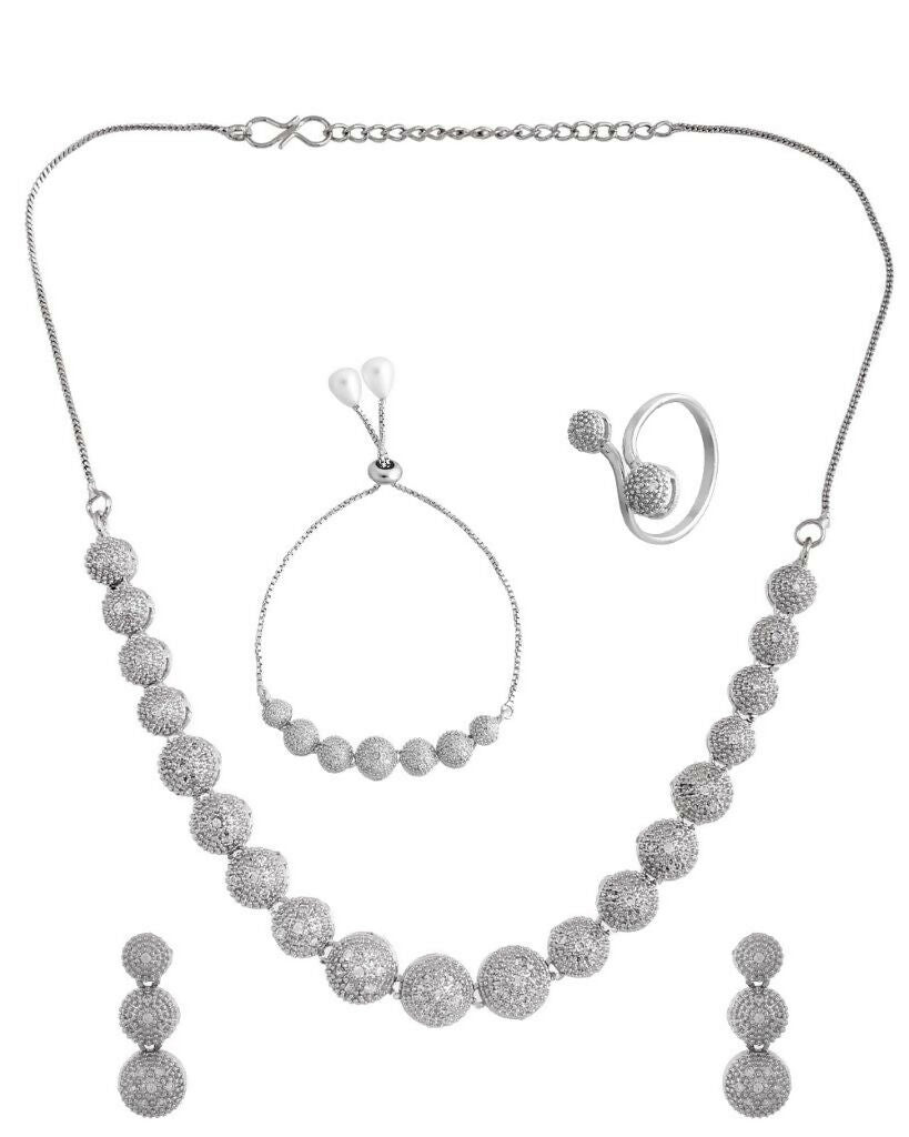 VOJ Silver Plated AD studded Necklace, Earrings With Ring And bracelet - Grab2buy
