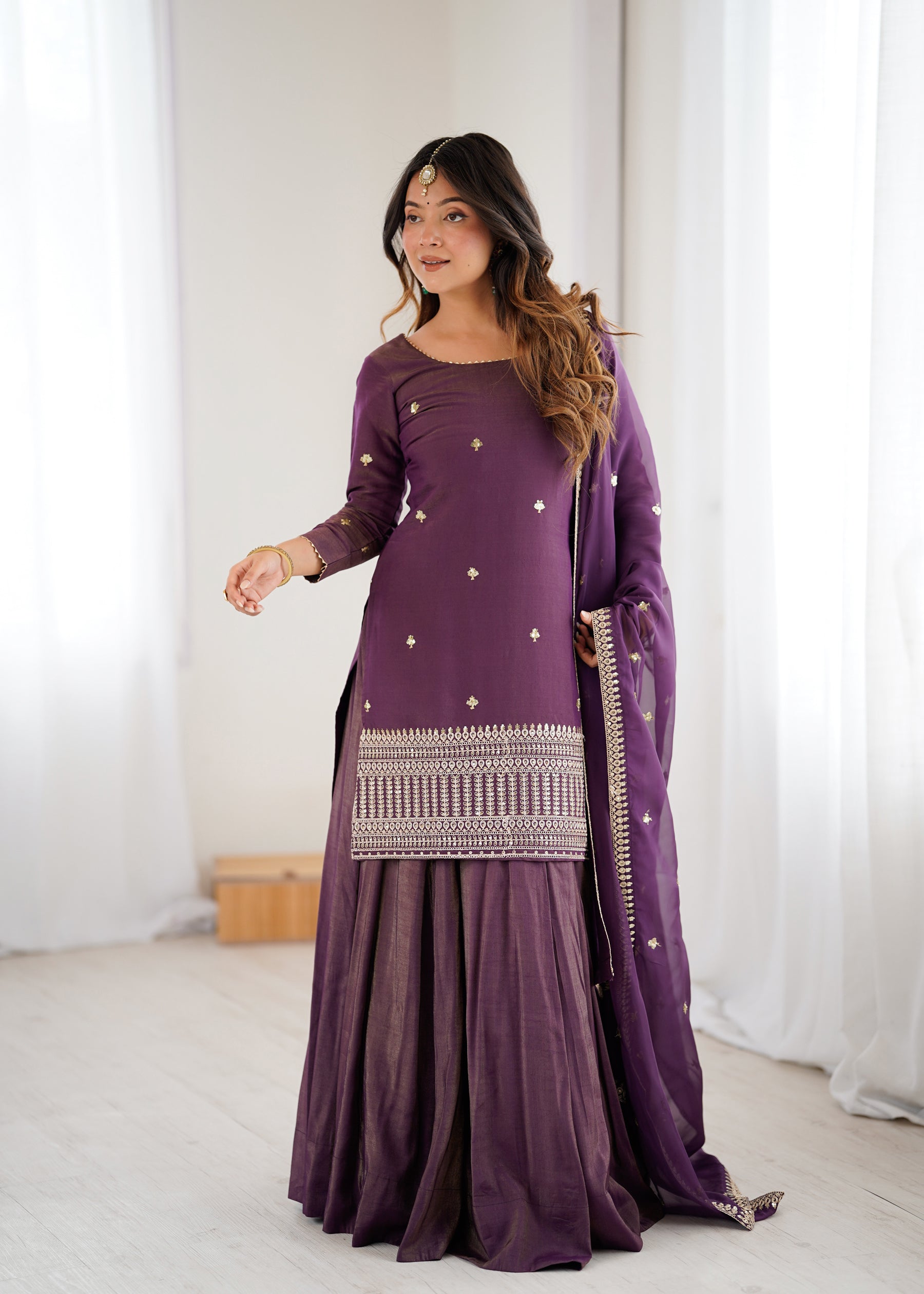 Lorenvalley Fashion Purple Roman Shimmer Chanderi Silk with Embroidery Jari Work Kurta Lehenga with Dupatta