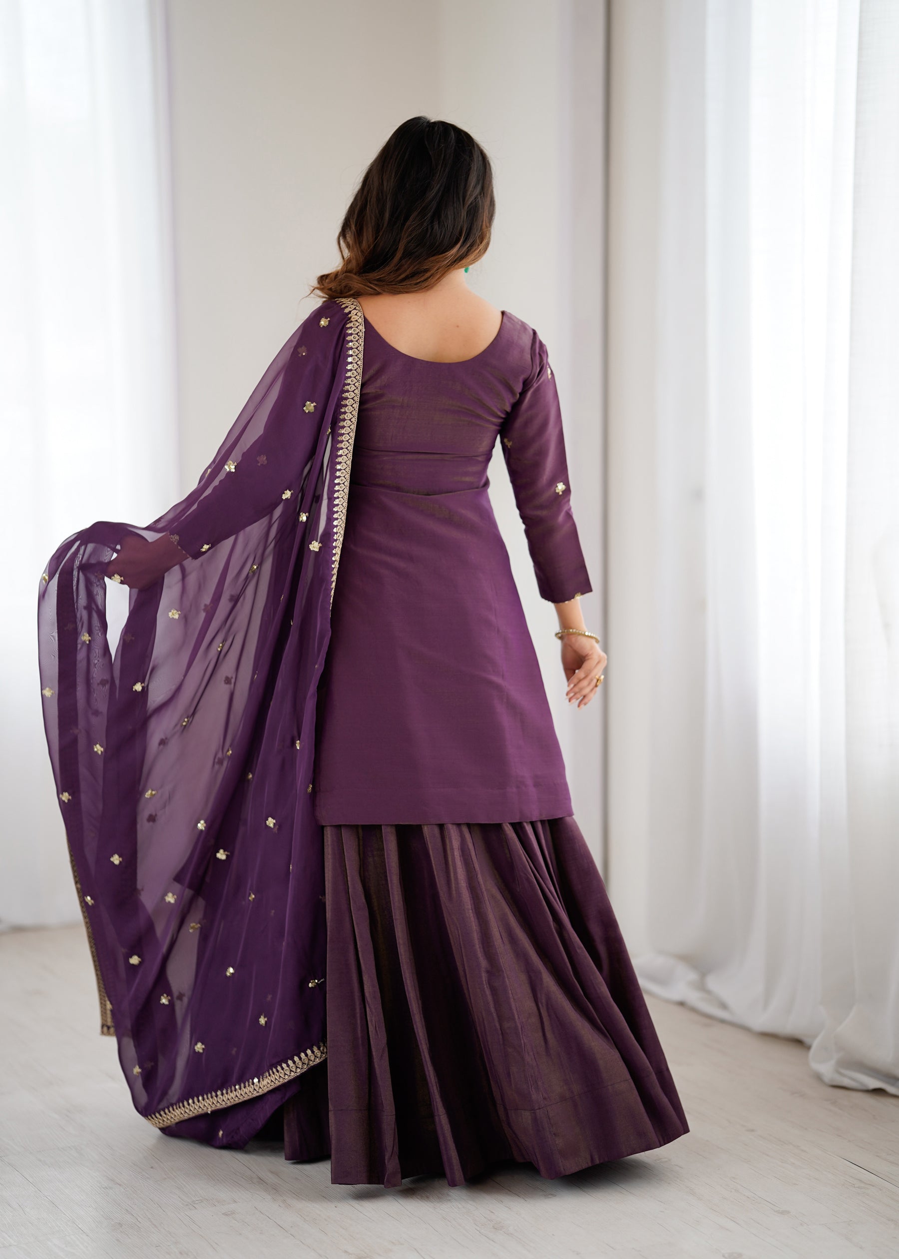 Lorenvalley Fashion Purple Roman Shimmer Chanderi Silk with Embroidery Jari Work Kurta Lehenga with Dupatta