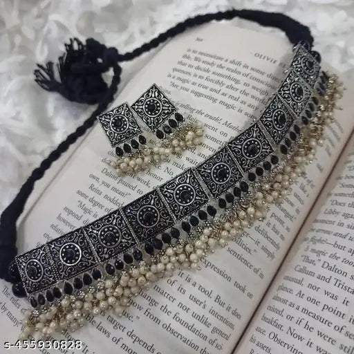 Tehzeeb Creations Women's Silver Colour Oxidised Necklace With Black Pearl Tehzeeb Creations