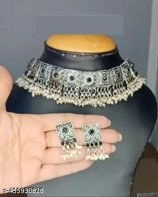 Tehzeeb Creations Women's Silver Colour Oxidised Necklace With Black Pearl Tehzeeb Creations