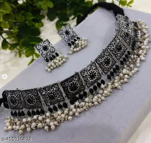 Tehzeeb Creations Women's Silver Colour Oxidised Necklace With Black Pearl Tehzeeb Creations