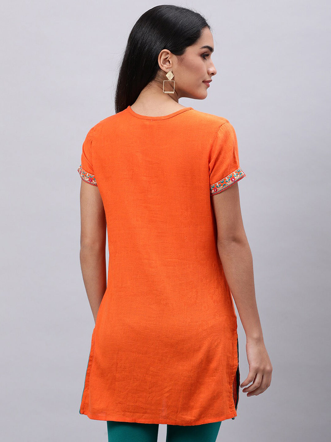 Souchii Orange Floral Embroidered Mirror Work Mirror Work Kurti 