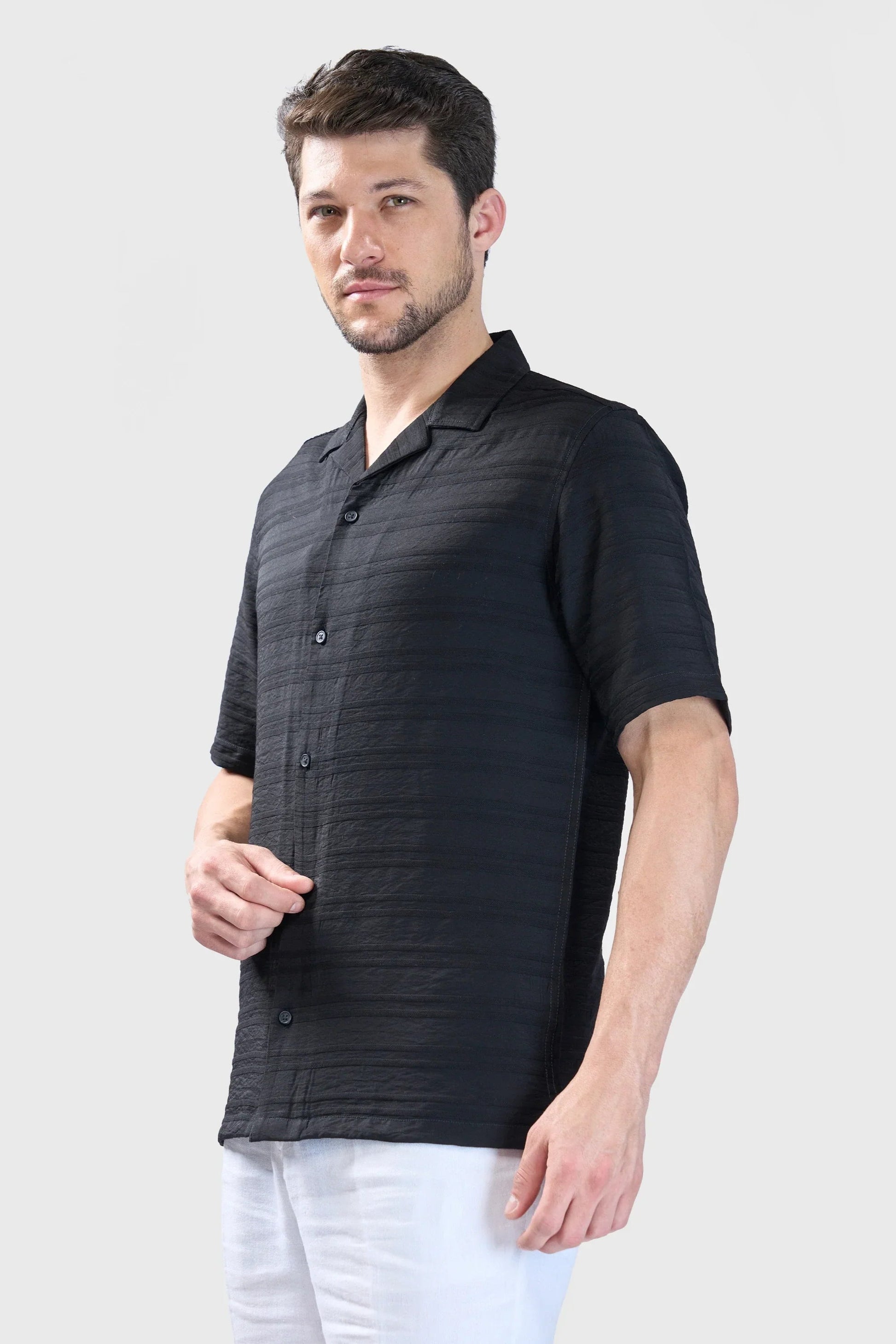 Xkind Black Horizontal Pleated Stripes Relaxed Fit Shirt  Grab2Buy Xkind Grab2Buy