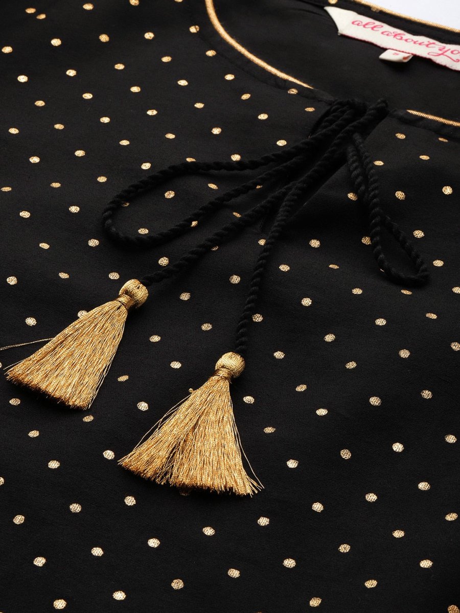 All About You Women Black & Gold Printed Regular Kurta with Trousers & Dupatta