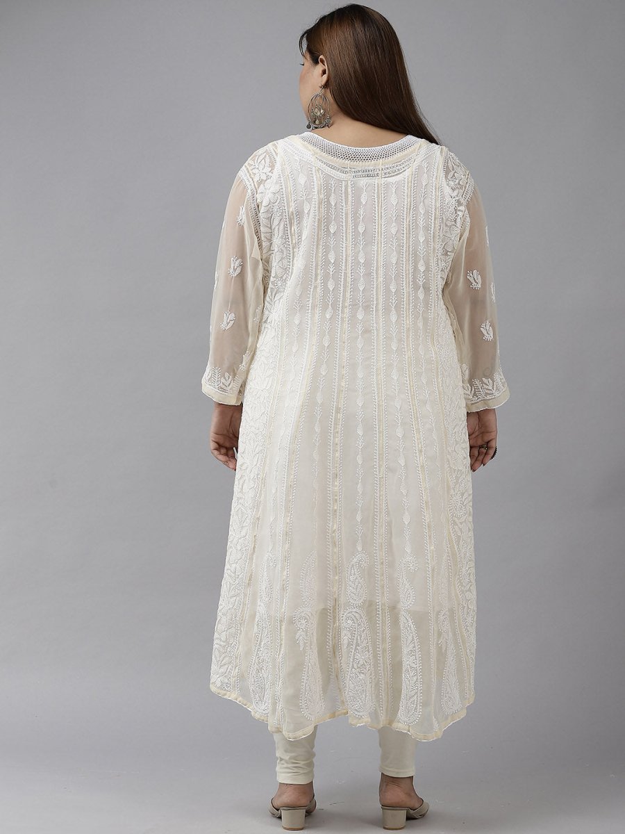 ADA Women Beige Ethnic Motifs Plus Size Chikankari Georgette Anarkali Kurta 