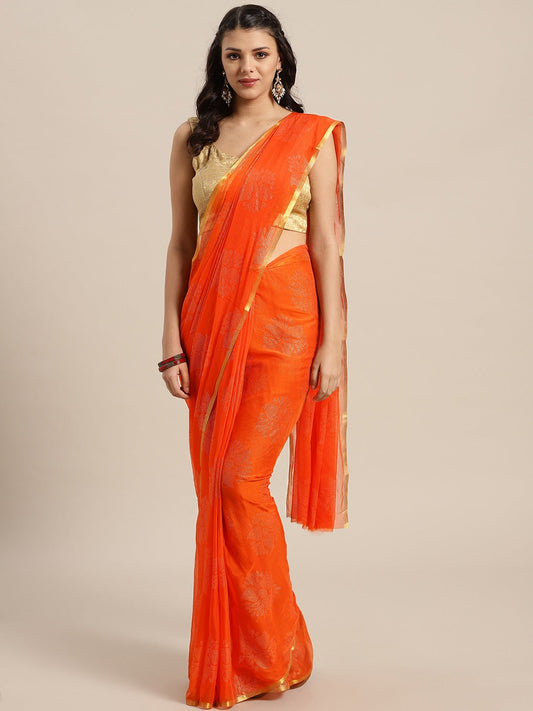 Saree Mall Orange & Golden Printed Saree