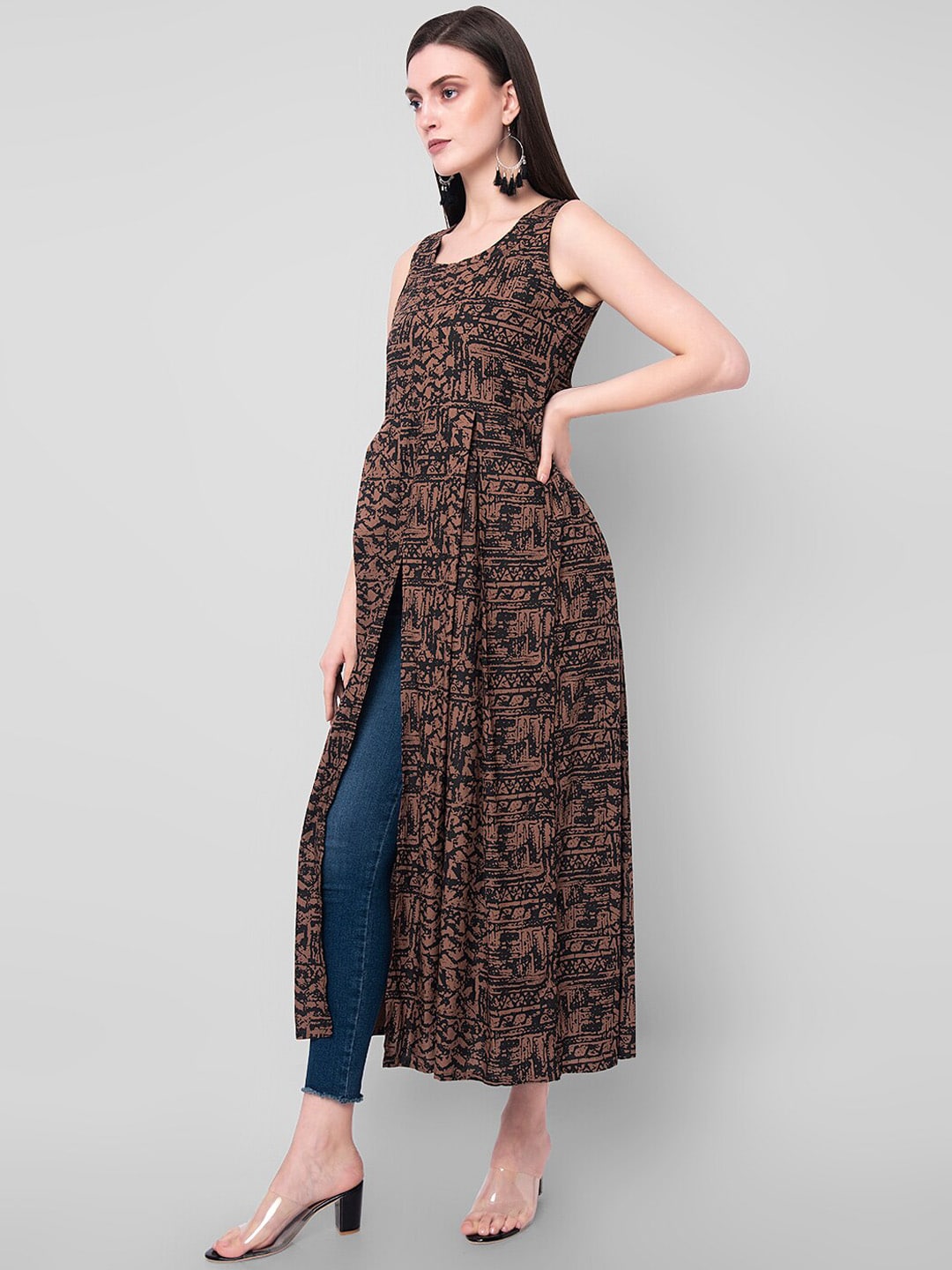 Kalini Women Brown & Black Abstract Print A-Line Kurta 