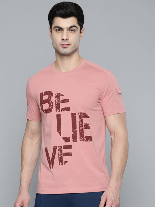 Alcis Men Dusty Pink & Maroon Typography Printed T-shirt 