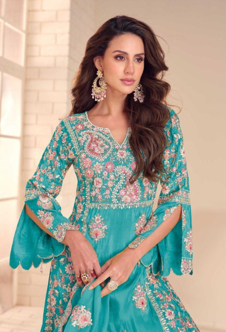 Anaita Turquoise Shimmer Stitched Suit With Hand & Embroidery Work