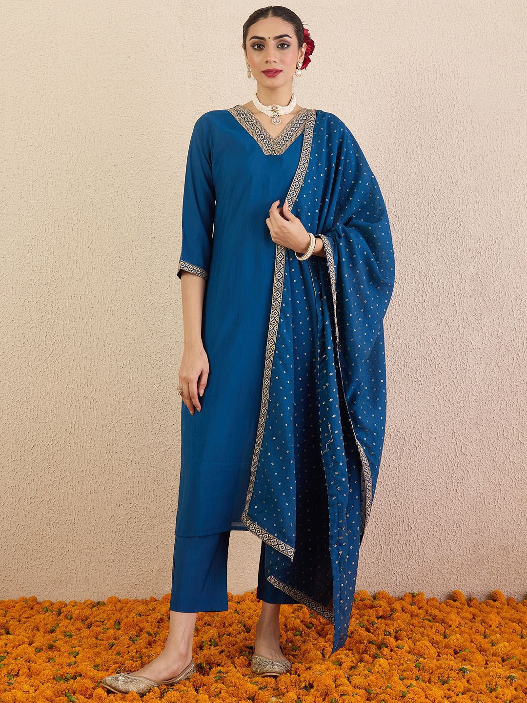 Indo Era Ethnic Motifs Embroidered Regular V-Neck Straight Kurta With Trousers & Dupatta
