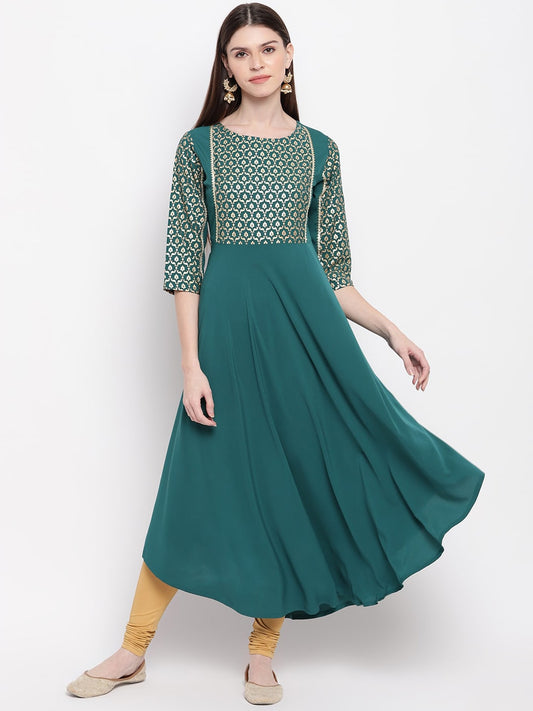 Janasya Women Teal Ethnic Motifs Yoke Design Crepe Anarkali Kurta