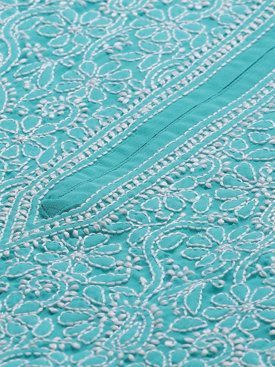 ADA Women Sea Green & White Floral Chikankari Embroidered Straight Sustainable Handloom Kurta 