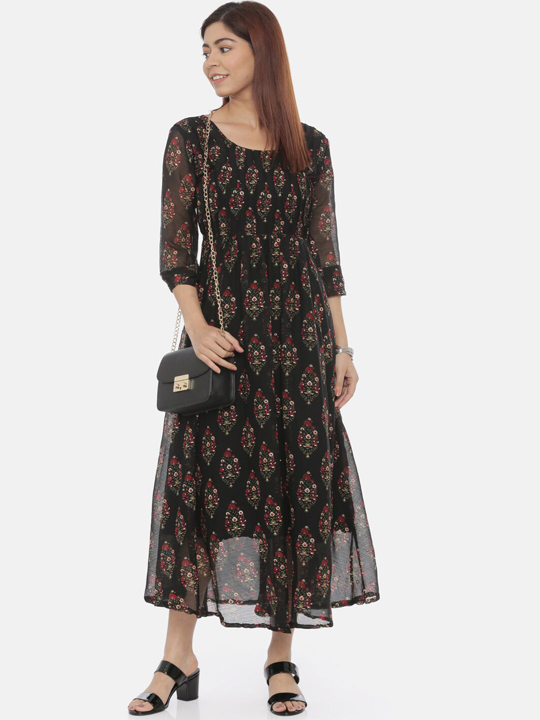 Souchii Women Black Printed Fit And Flare Beautiful Dress 