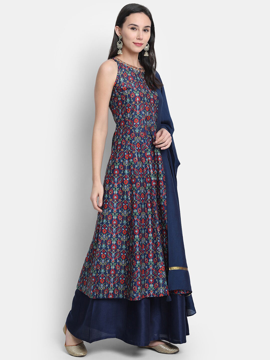 Janasya Women Blue Printed Kurta with Palazzos & Dupatta