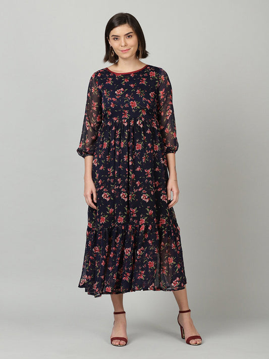 Souchii Women Navy Blue & Red Floral Chiffon A-Line Tiered Dress 