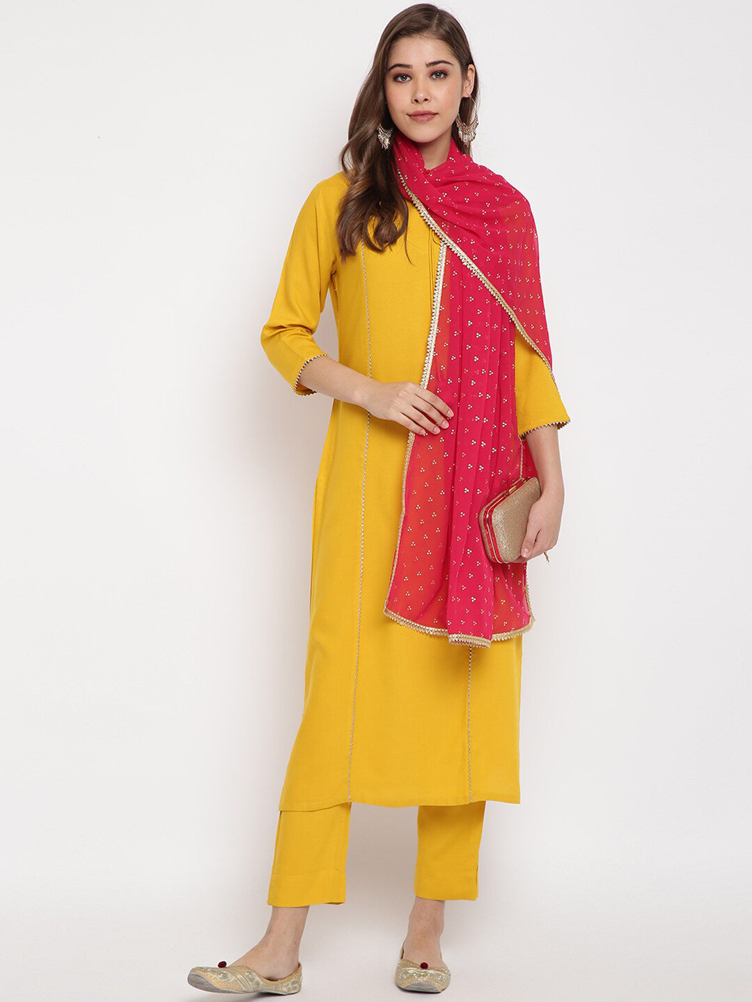 Janasya Women Mustard Yellow Solid Kurta with Trousers & Dupatta