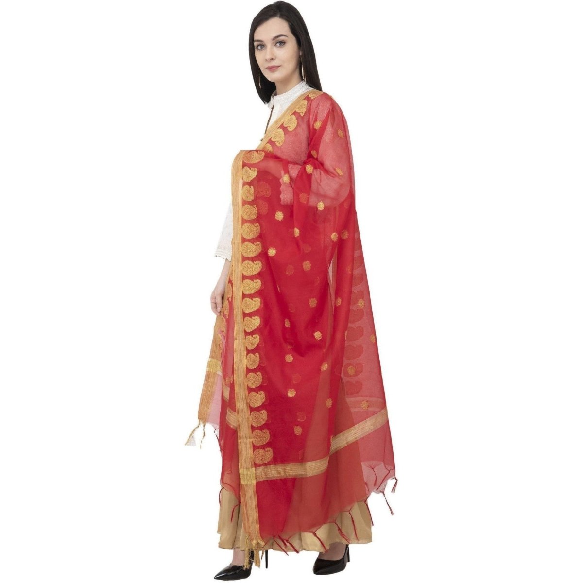 A R Silk VNS Ambi Border Fancy Dupatta Red Color Dupatta or Chunni | Grab2Buy