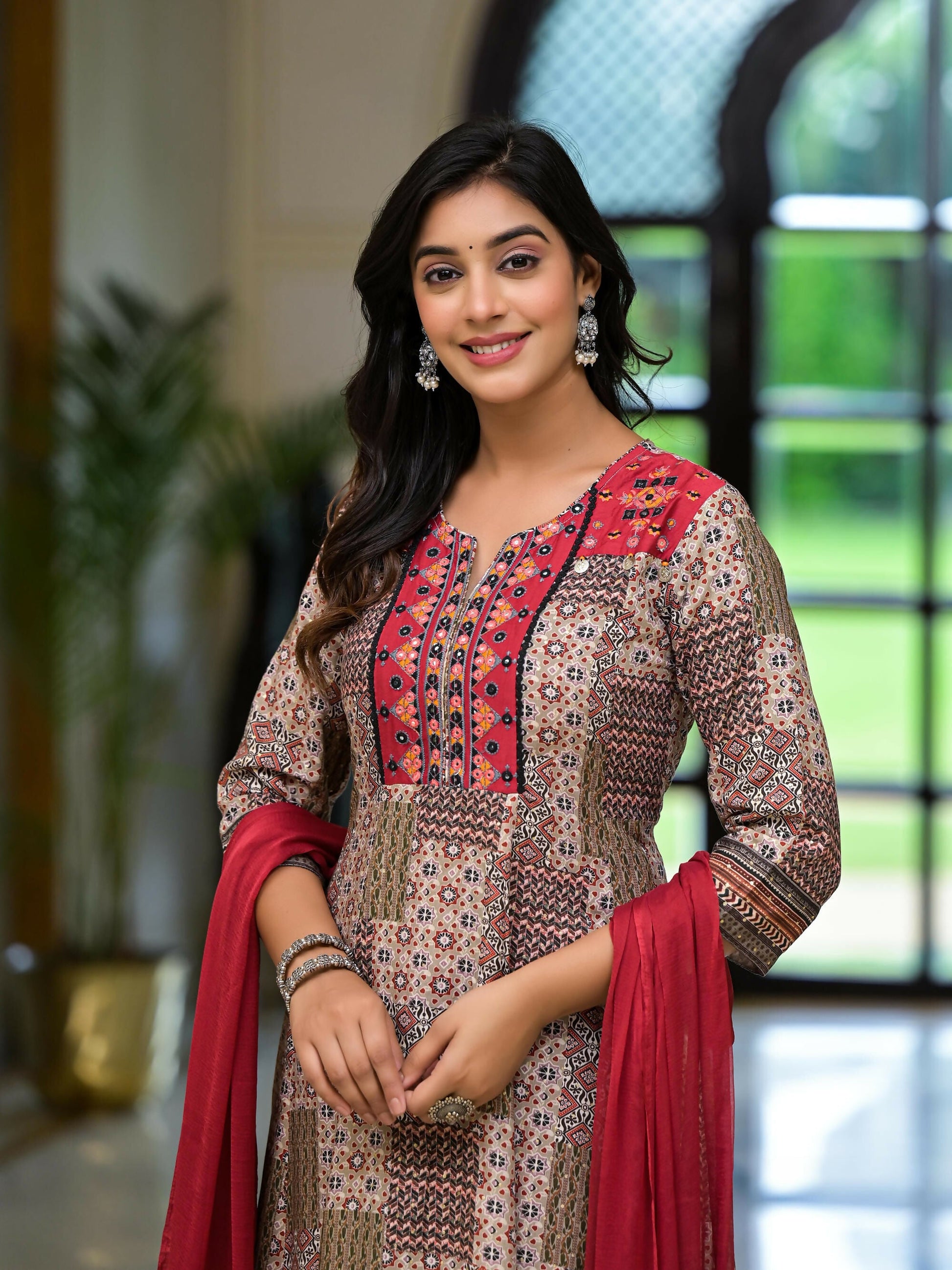 Juniper Women's Multi Color Ethnic Motif Printed Muslin Kurta Pant And Dupatta Set With Coins Thread & Mirror Work