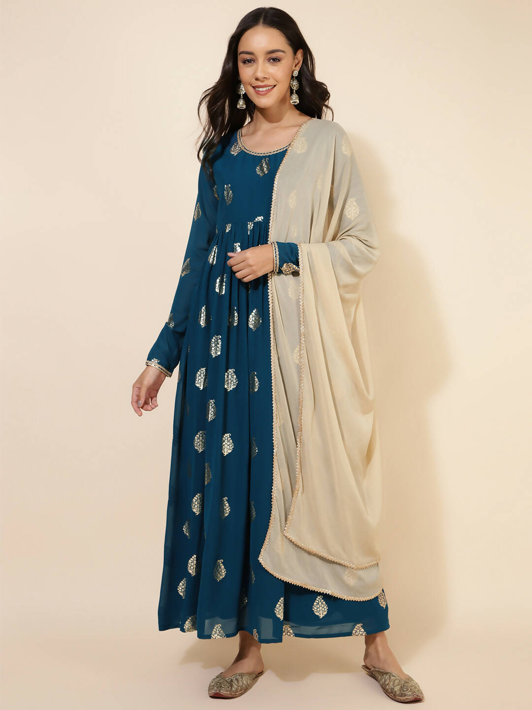 Janasya Women's Teal Blue Georgette Foil Printed Festive Flared Kurta Set 