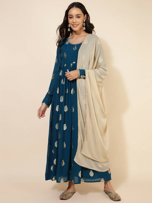 Janasya Women's Teal Blue Georgette Foil Printed Festive Flared Kurta Set 